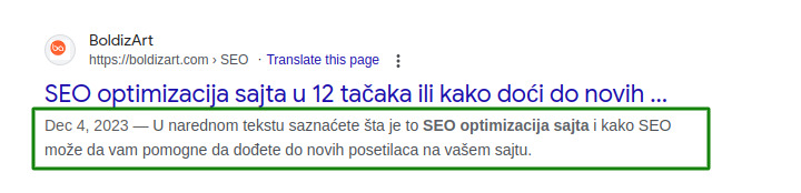 SEO optimizacija sajta - Izgled meta opisa u praksi